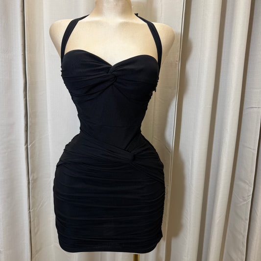 SWEETHEART TWIST NECKLINE MESH MINI DRESS-Black
