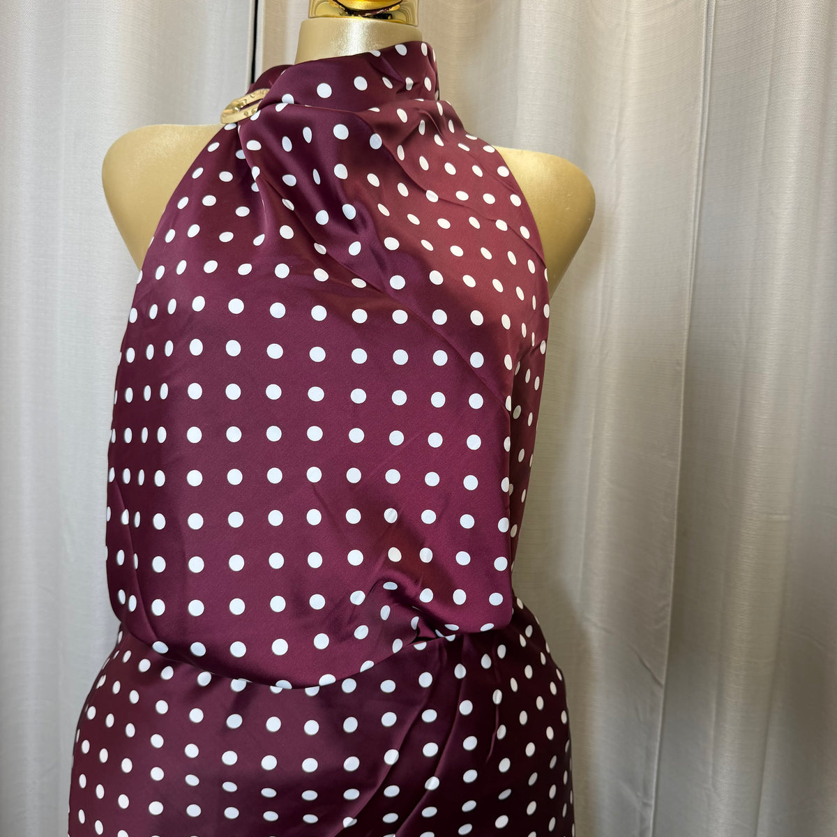 PL-Satin Halter Polka Dot Top-Burgundy/White