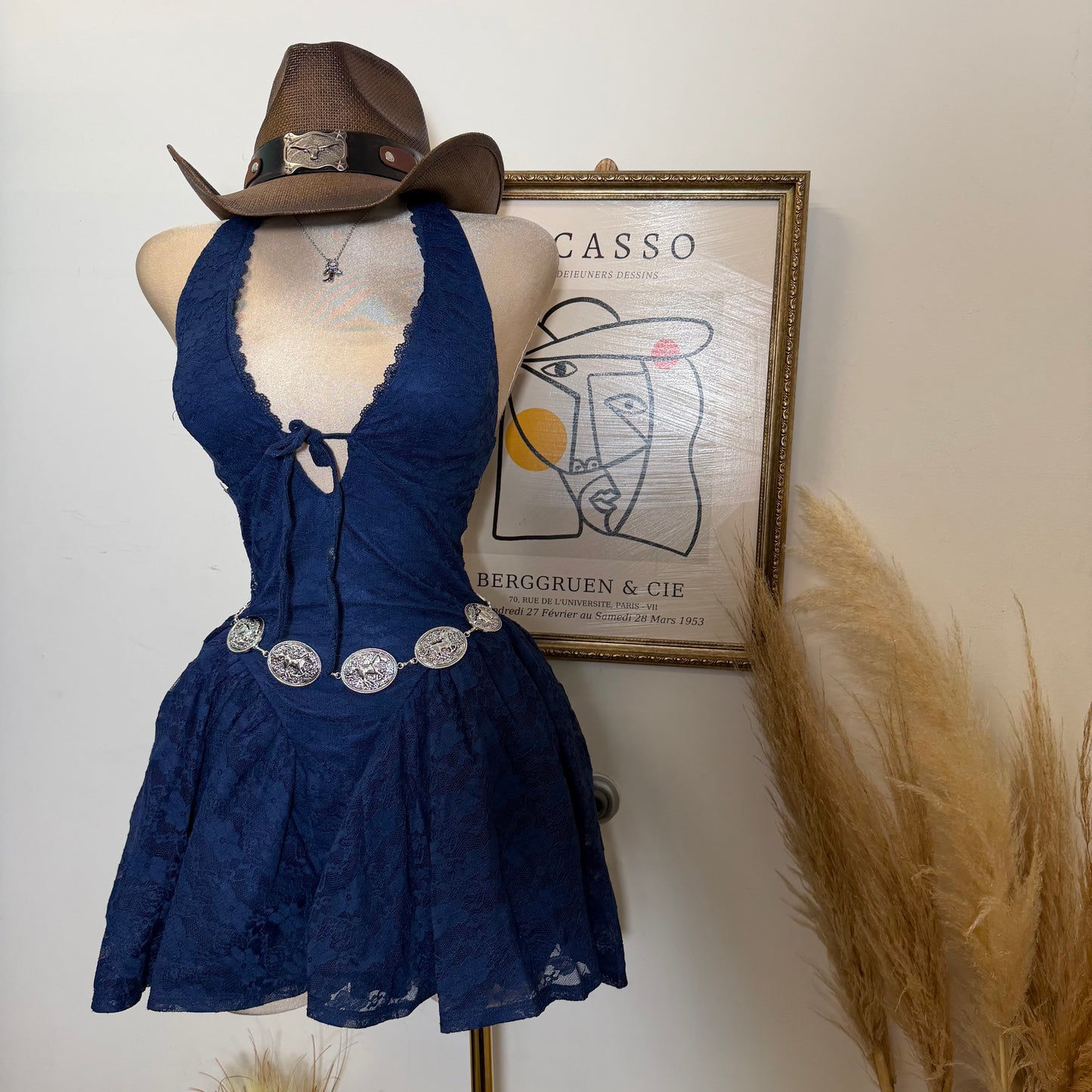 Lace Halter Mini Dress With Flared Skater Skirt-Navy