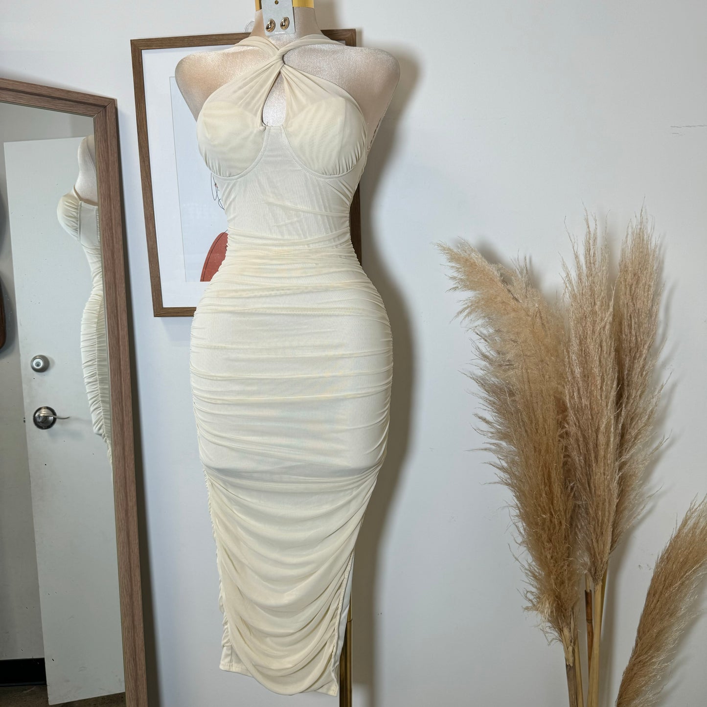 Inara Mesh Twist Halter Neck Midi Dress-Ivory1