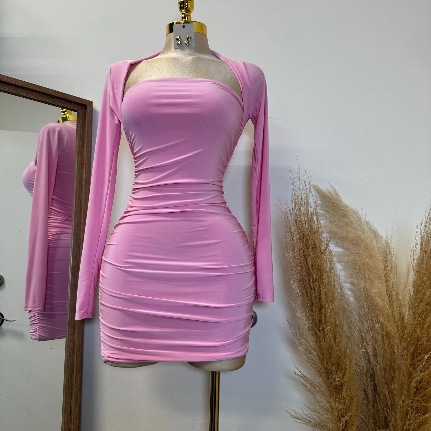 Barbie Long Sleeve Squareneck Dress-Baby Pink