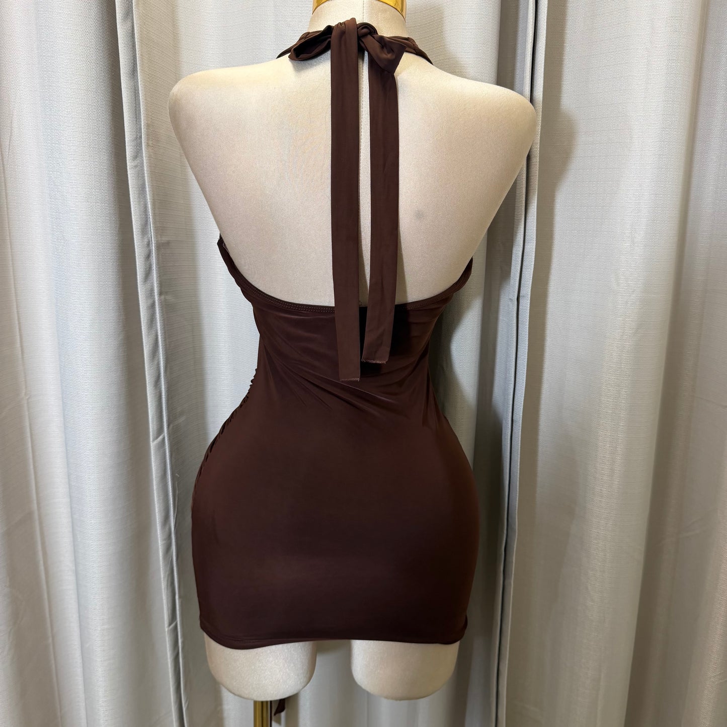 Halter Plunge V-Neck Mini Dress-Brown