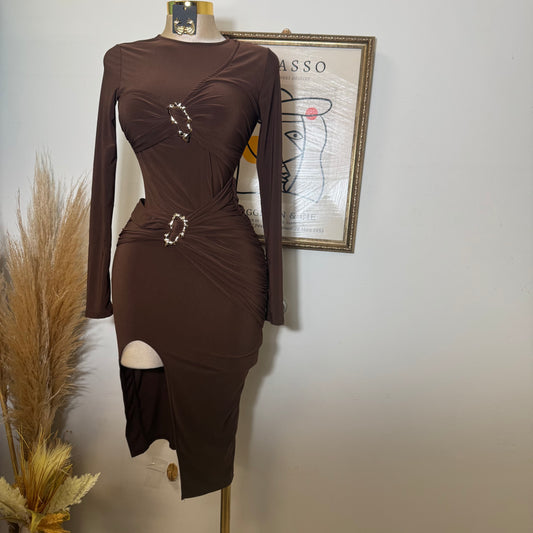 Wrap with Gold Trim Style Midi Dress-Brown