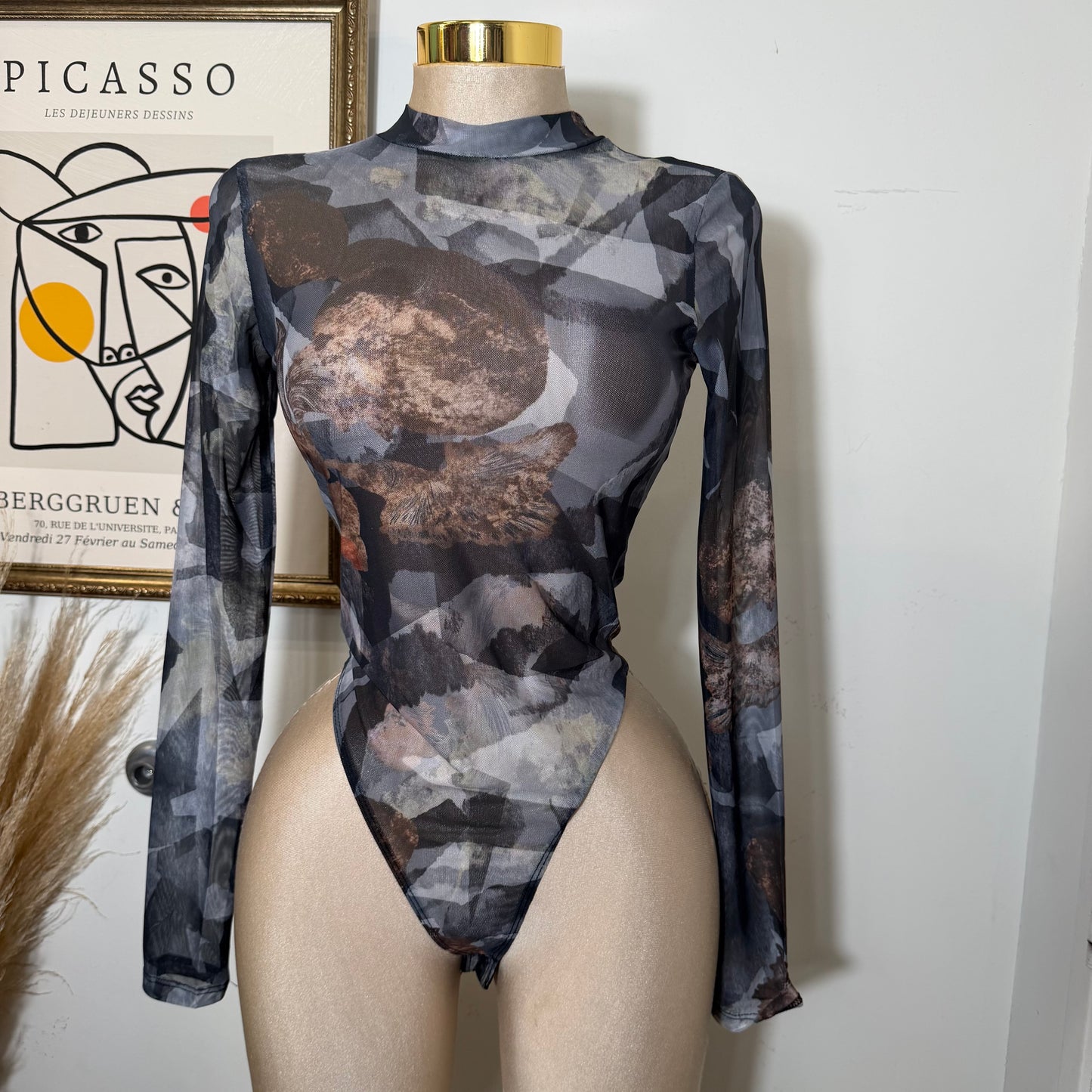 Black Long Sleeve Mesh Top Bodysuit-Black