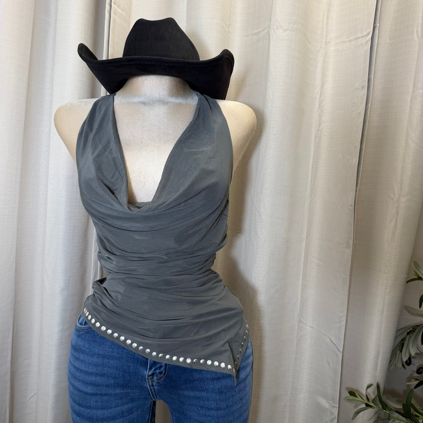 Cowl Neck Halter Ruched Top-Charcoal