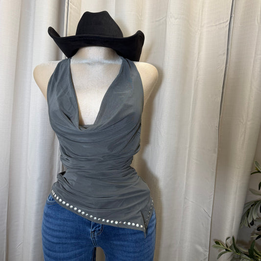 Cowl Neck Halter Ruched Top-Charcoal