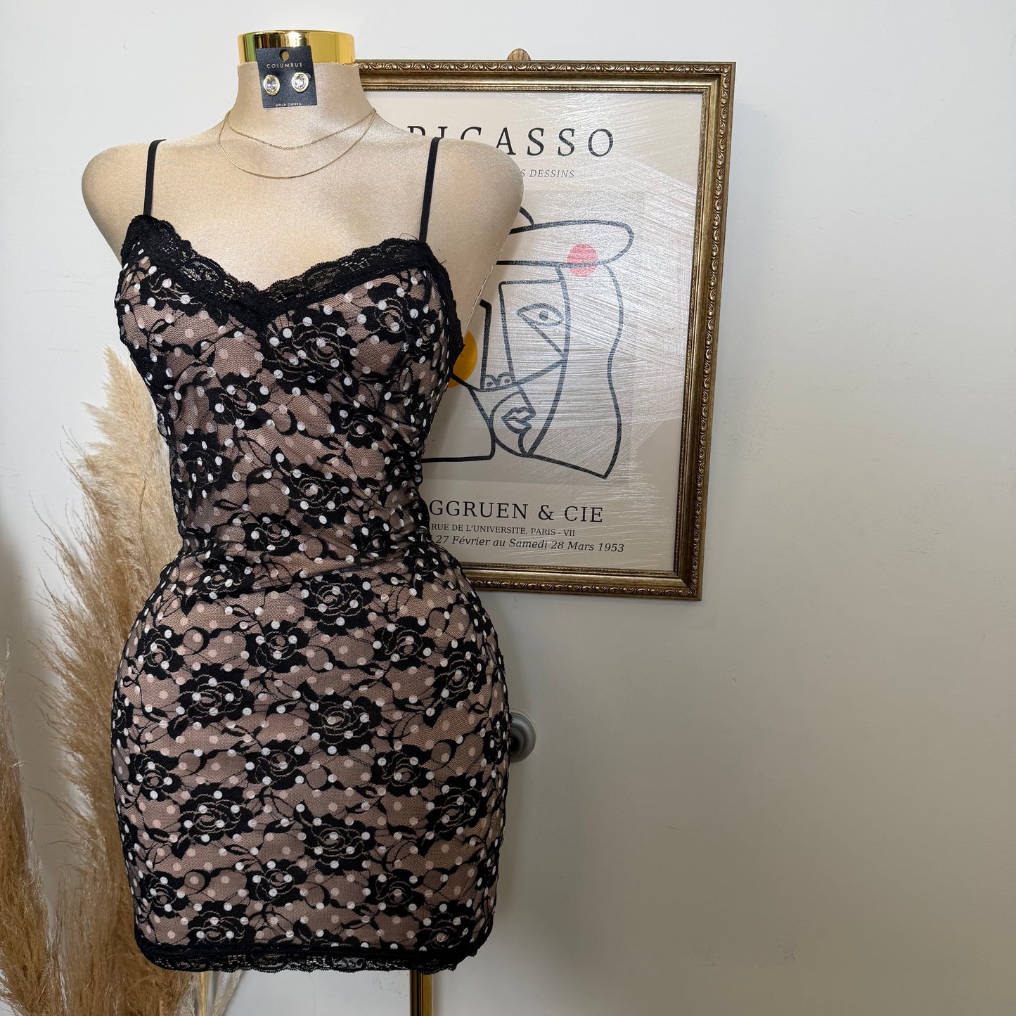 Polka Dot Lace Mini Dress-Black