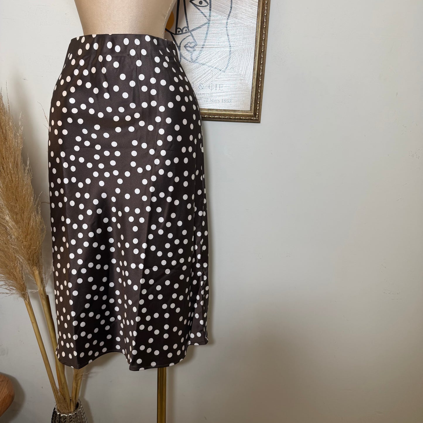 Polka Dot Print Satin Midi Skirt-brown