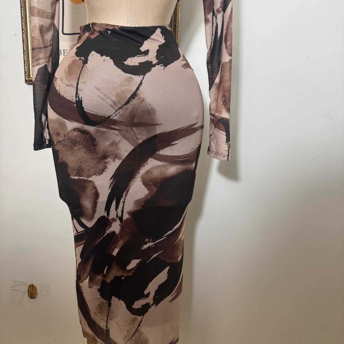 Multi Colored Front Sash Mock Neck Midi Dress-Brown