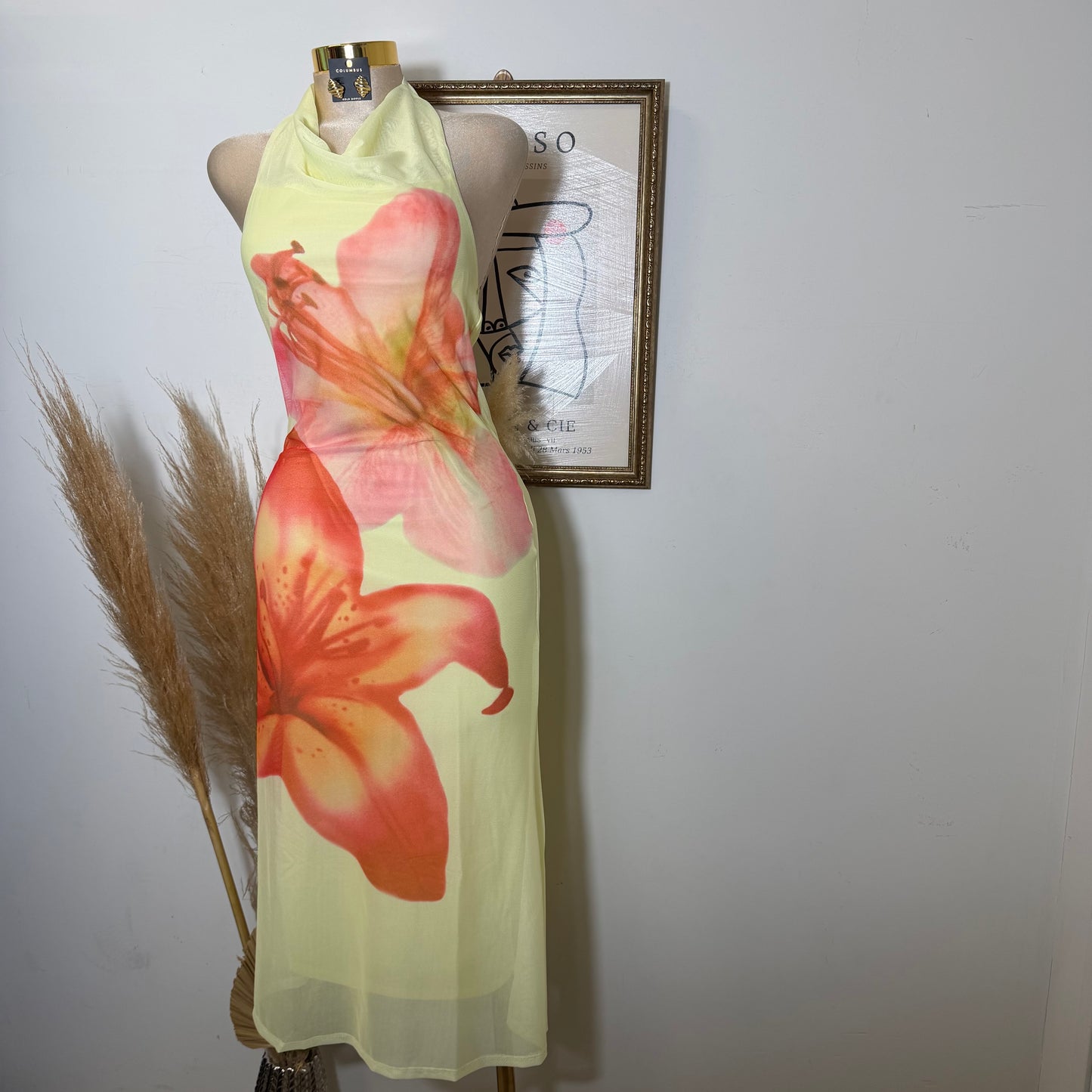 Mesh Tropical Floral Print Halter Neck Button Tie Midi Dress-Yellow