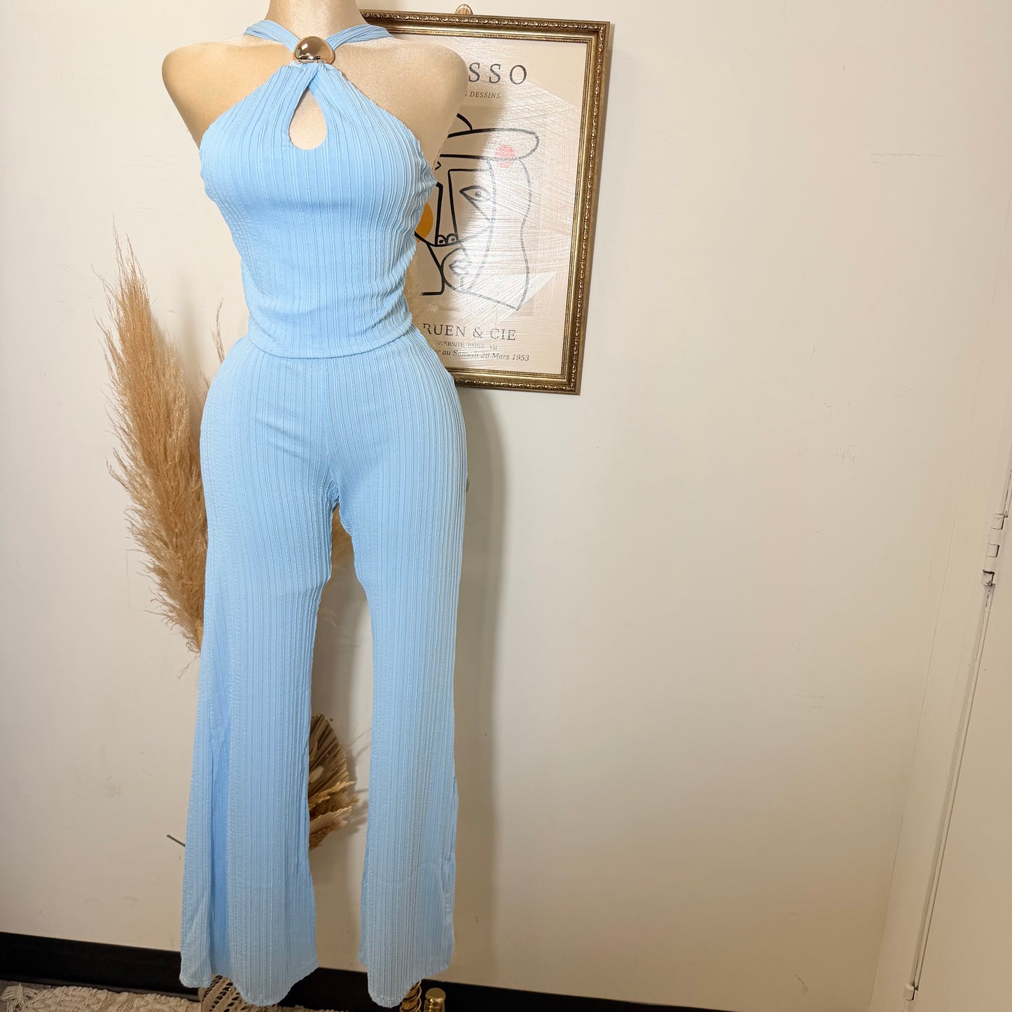 Front Cut Out Jewel Decor Halter Style Top and Pant Set-Baby Blue