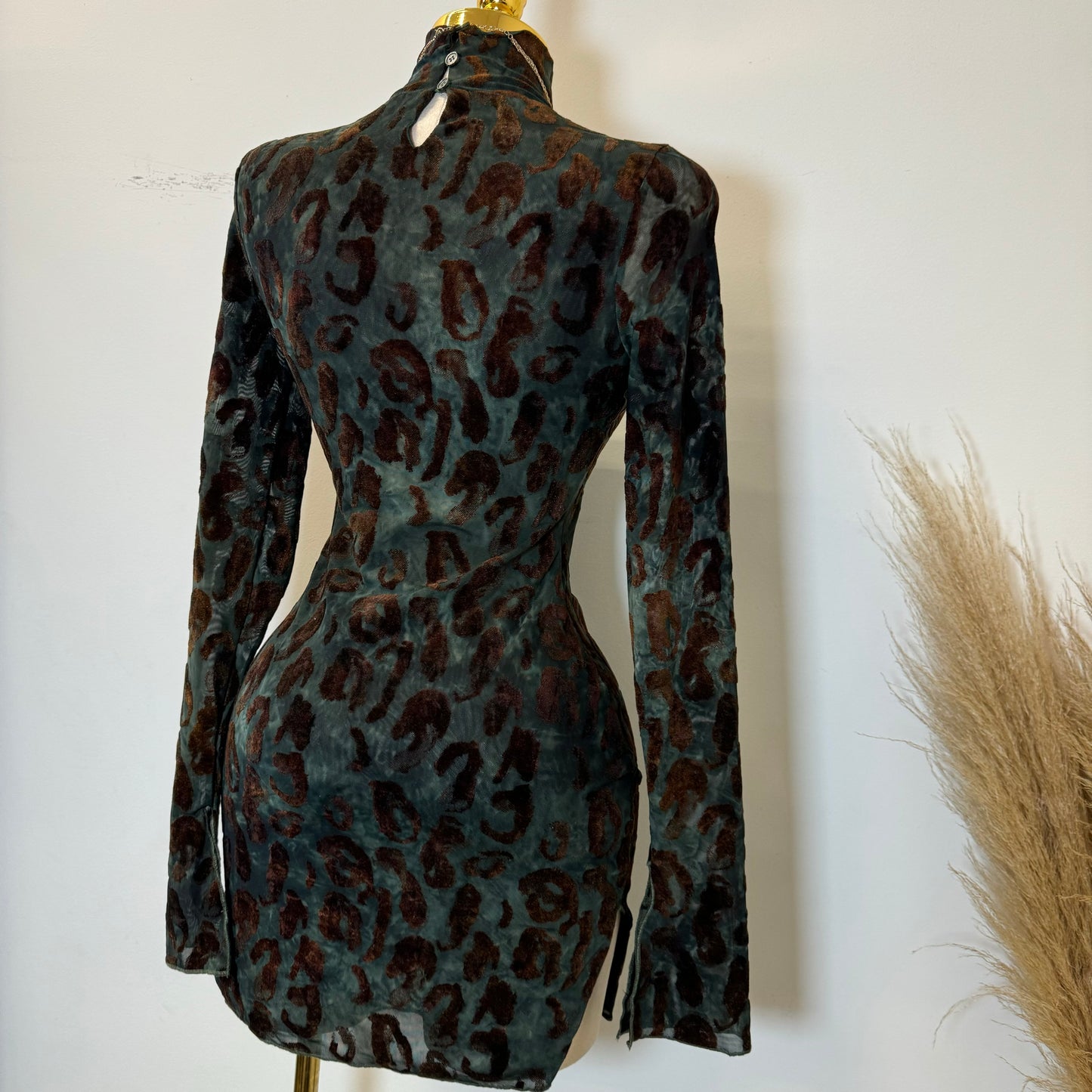 Cheetah Mesh Long Sleeve Dress-Multi Brown