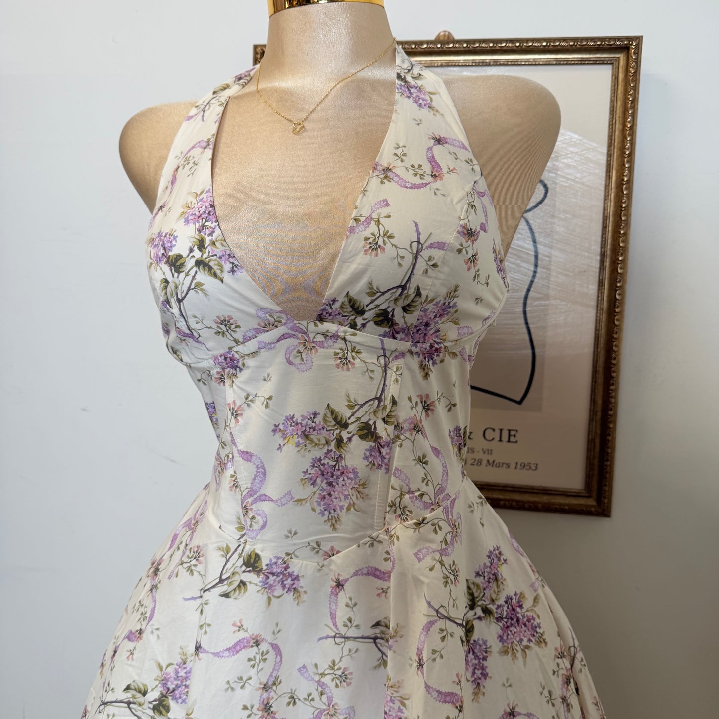 Ribbon Print Fabric Halter Corset Midi Dress-Lavender