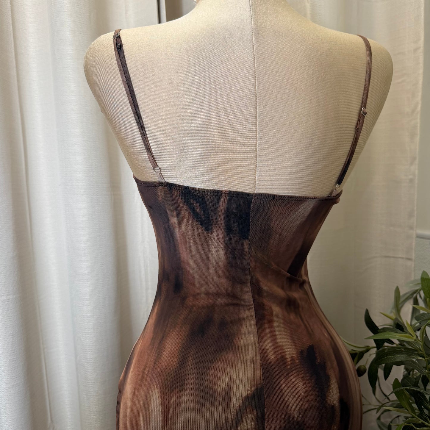 Spaghetti Multi Colored Mesh Midi Dress-brown Multi