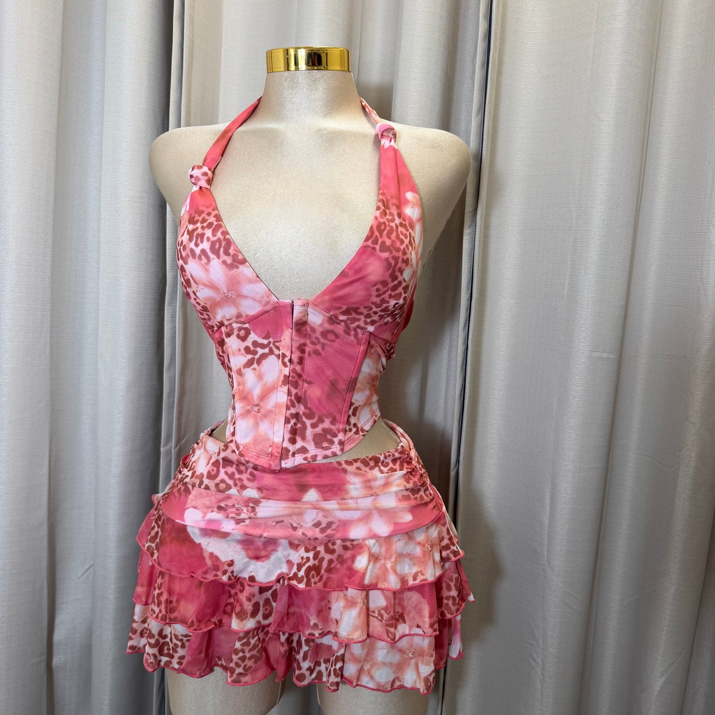 Halter Pink Corset Skirt Set-Pink
