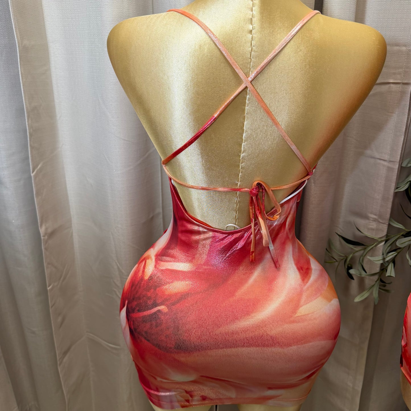 Foil Floral Cowl Neck Pleated Bodycon Mini Dress-Red Combo