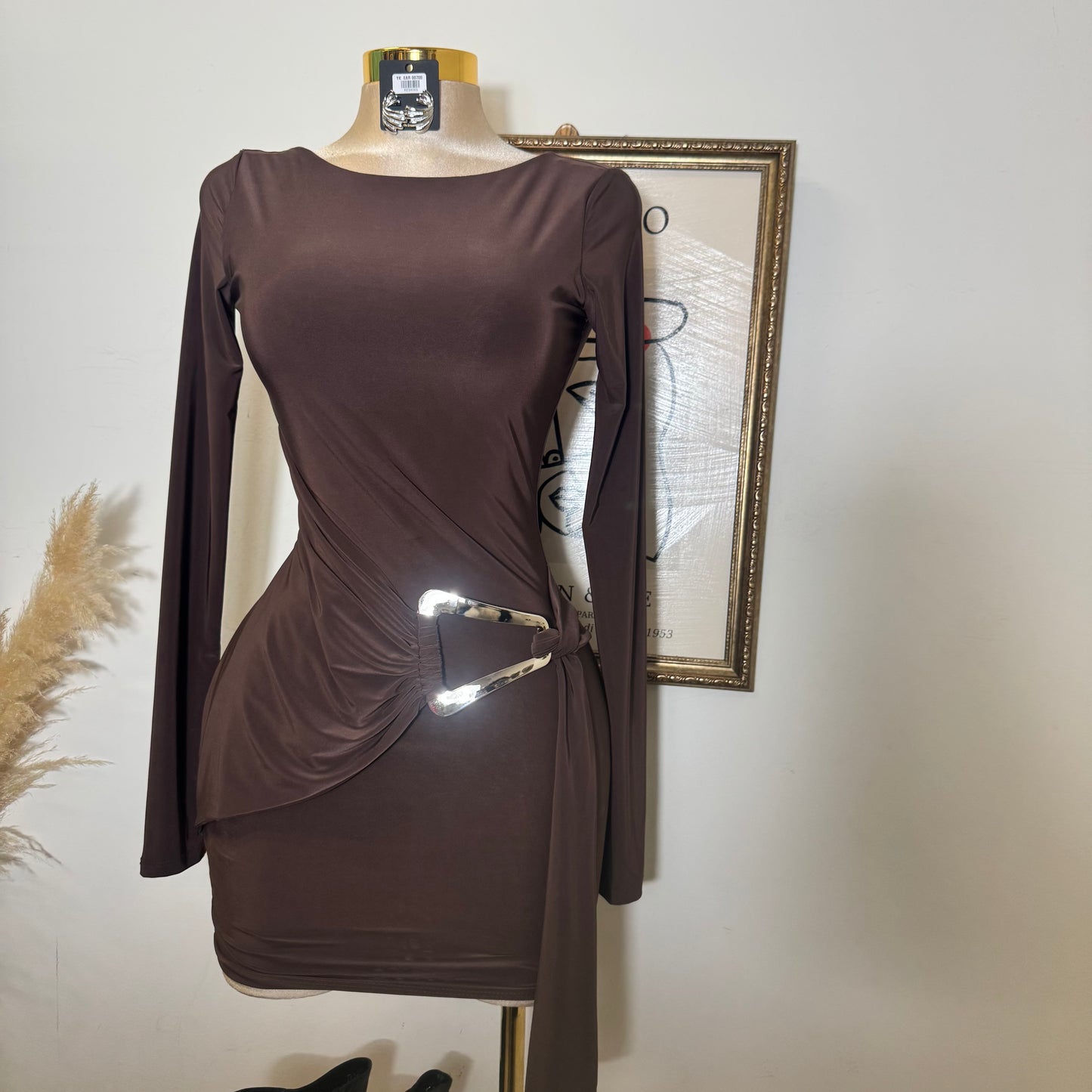 Long sleeve Drape Mini Dress-Brown