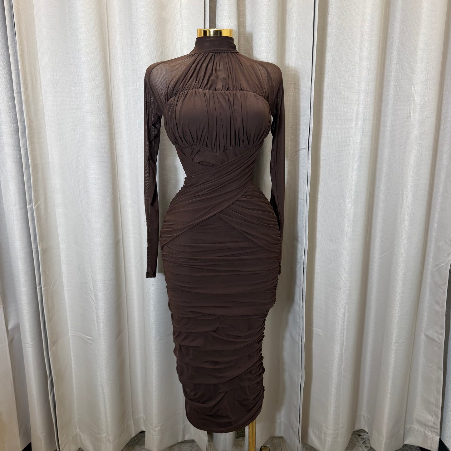 Long sleeve Mesh  Dress-Brown