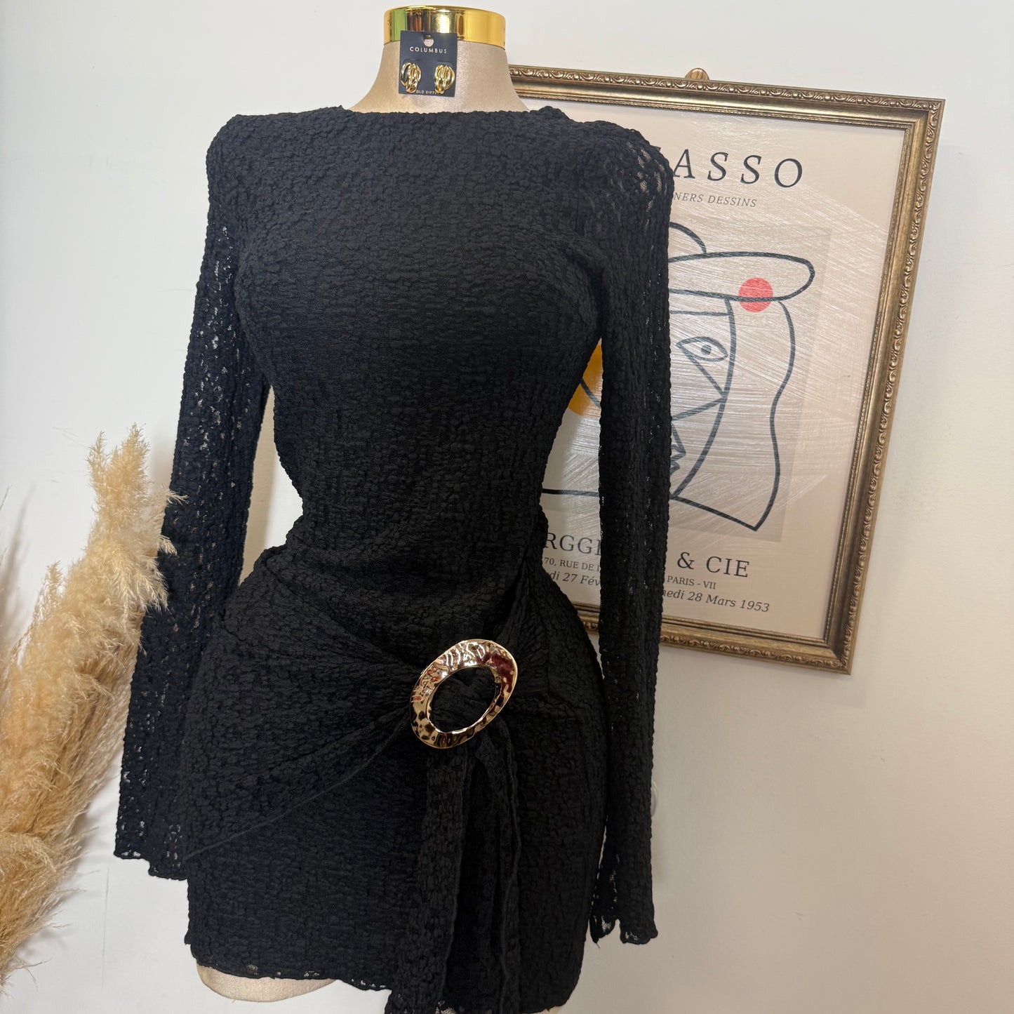 Long Sleeve Gold Detail Dress-Black
