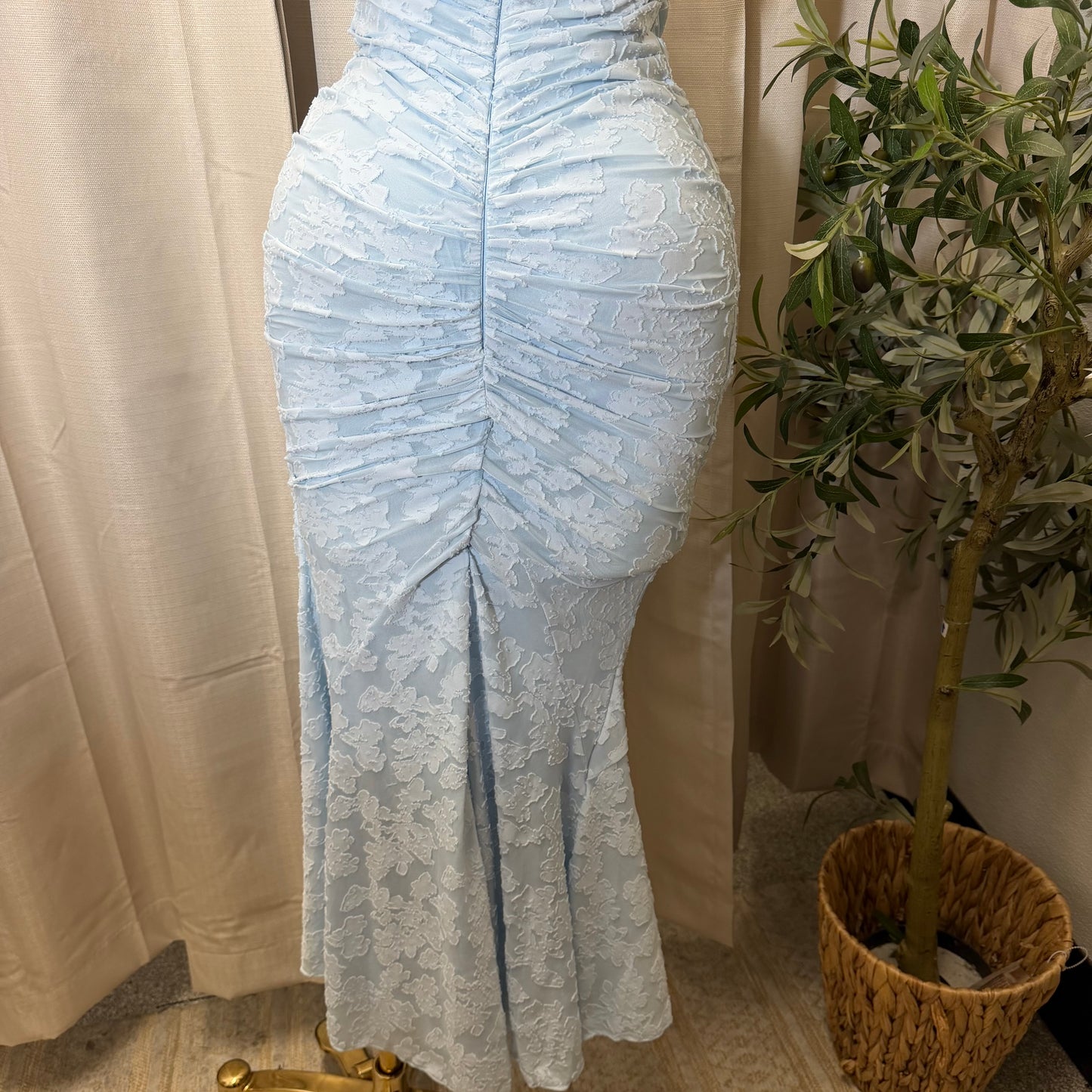 Off Shoulder Ruched Maxi Dress-Baby Blue
