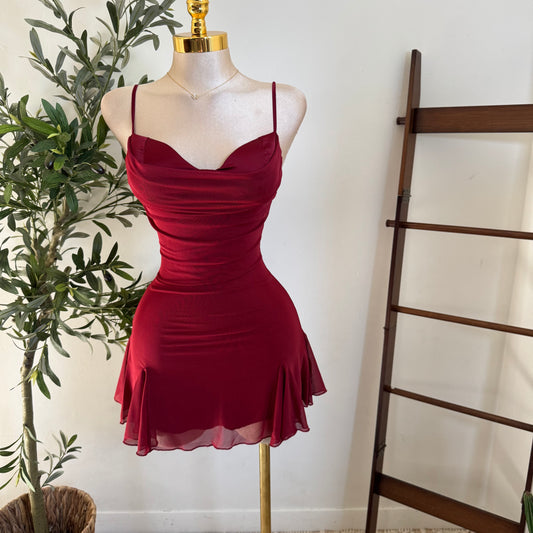 Mesh Mini Dress-Burgundy