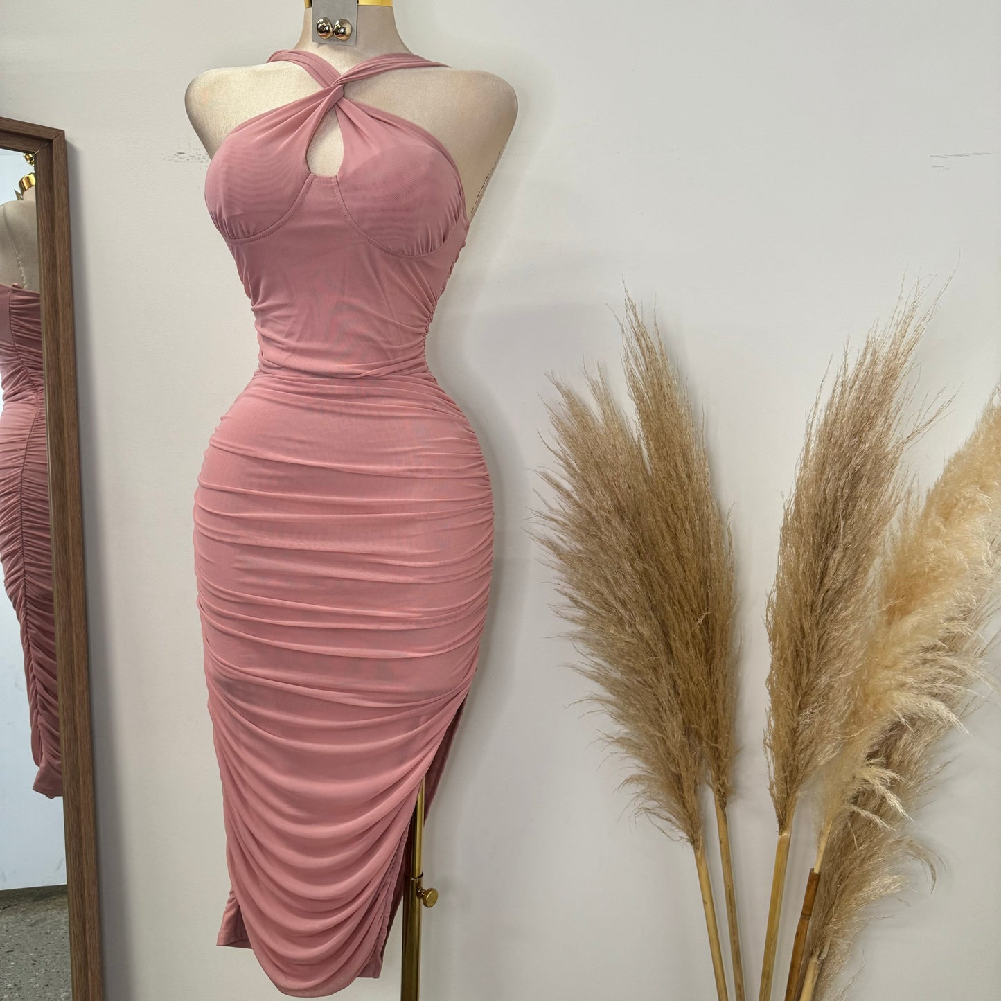 Inara Mesh Twist Halter Neck Midi Dress-Mauve