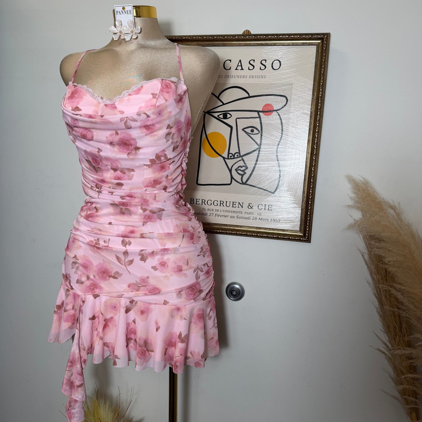 Floral open Back Mini Dress with Flowing Skirt-Pink