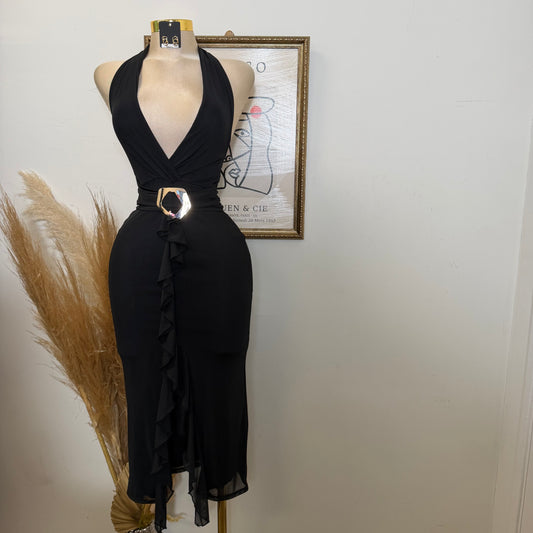 Halter self tie front ruffle midi dress-Black