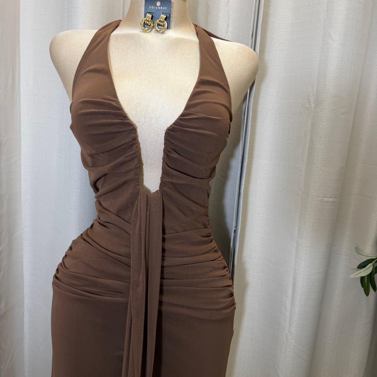 HALTER NECK WIRE WITH SASH JUMPSUIT-Brown