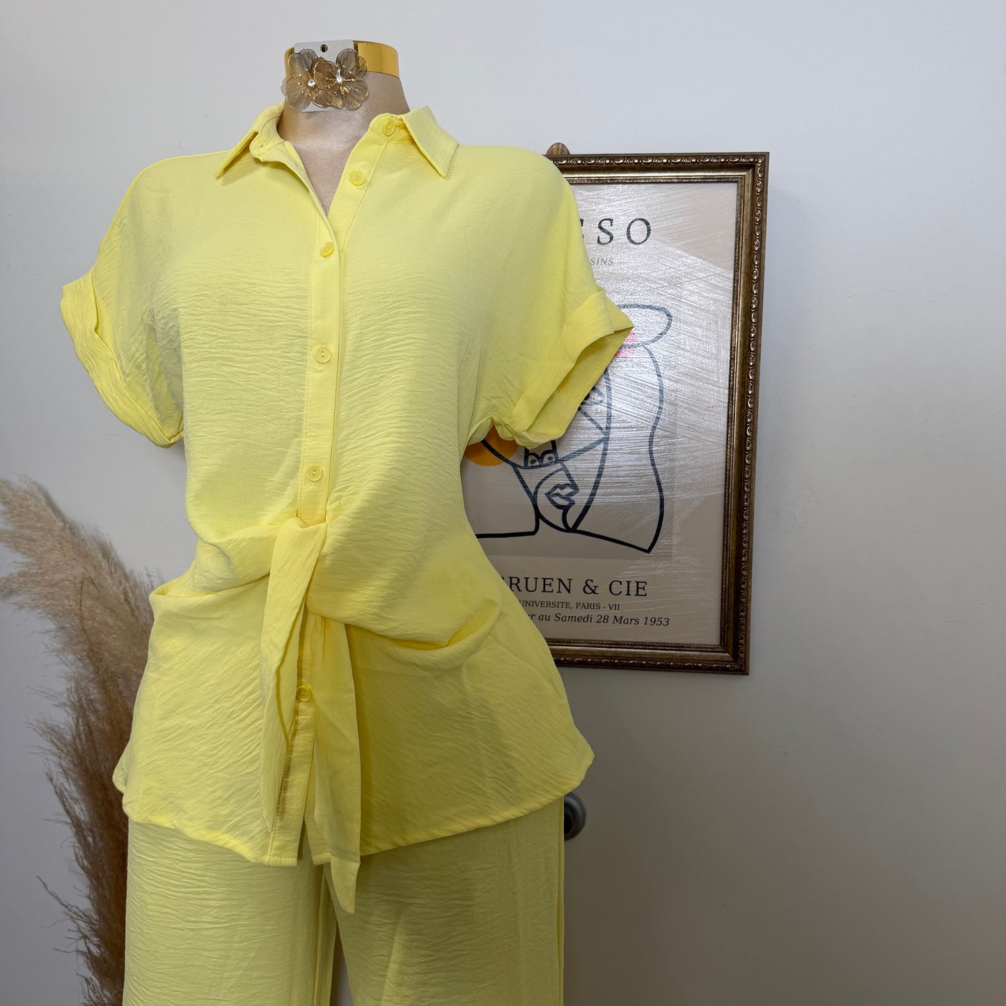 Front Knot Tie Button Down Top and Pants Set-Lt Yellow