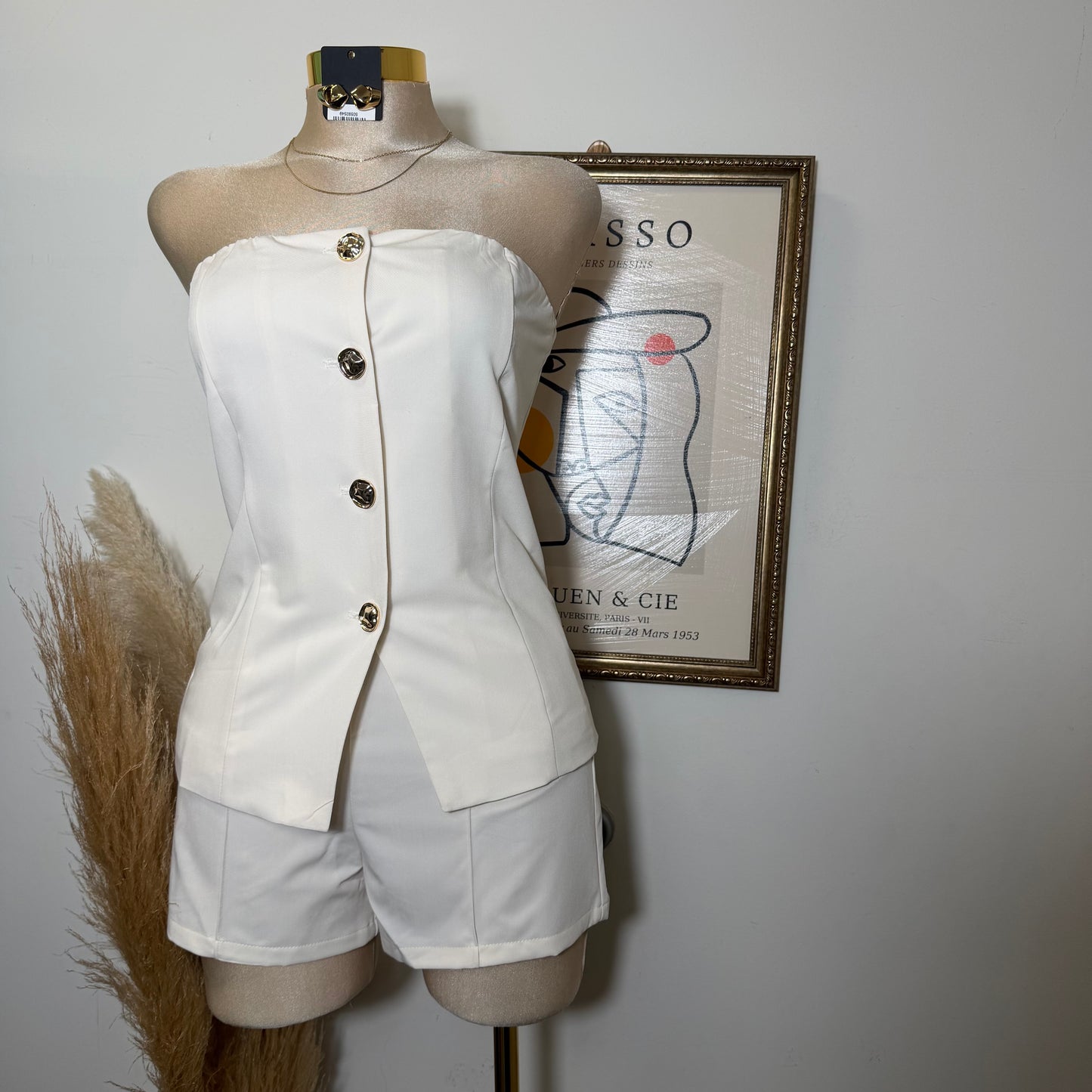 Strapless Gold Button Top Short Set-Ivory