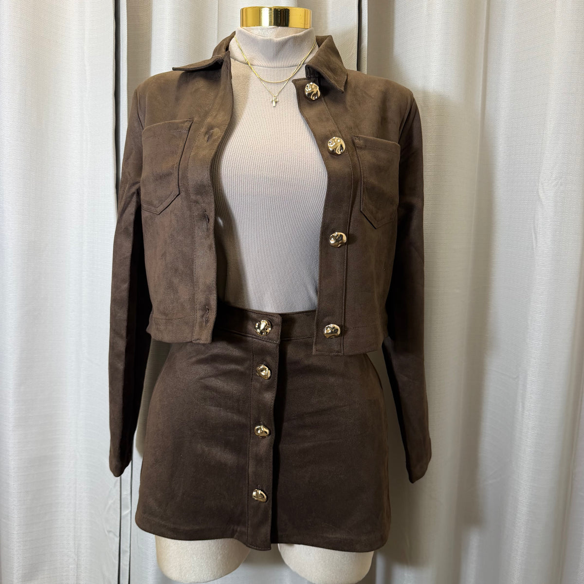 Suede skirt cropped Jacket set-Choco brown