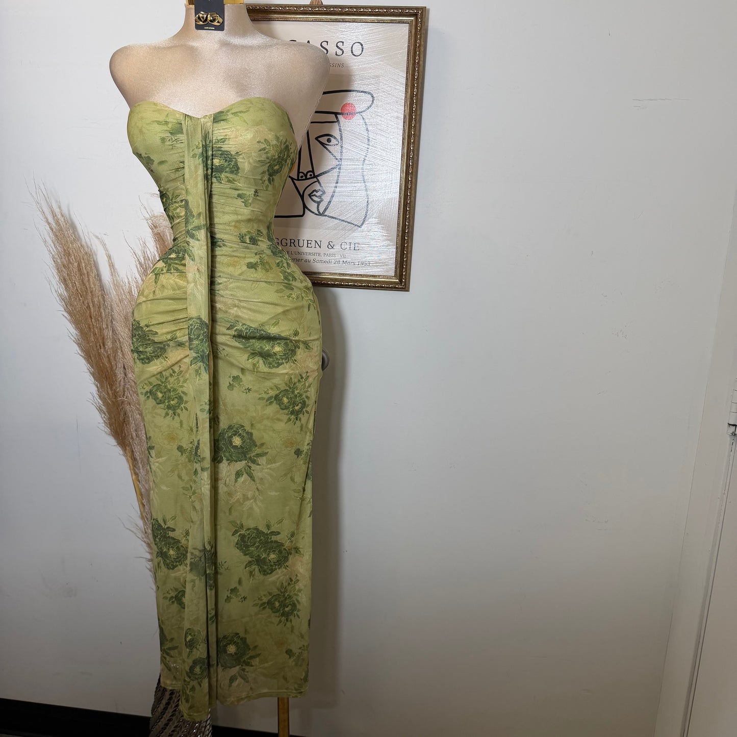 Sweetheart Ruched Wrap Maxi Dress-Green
