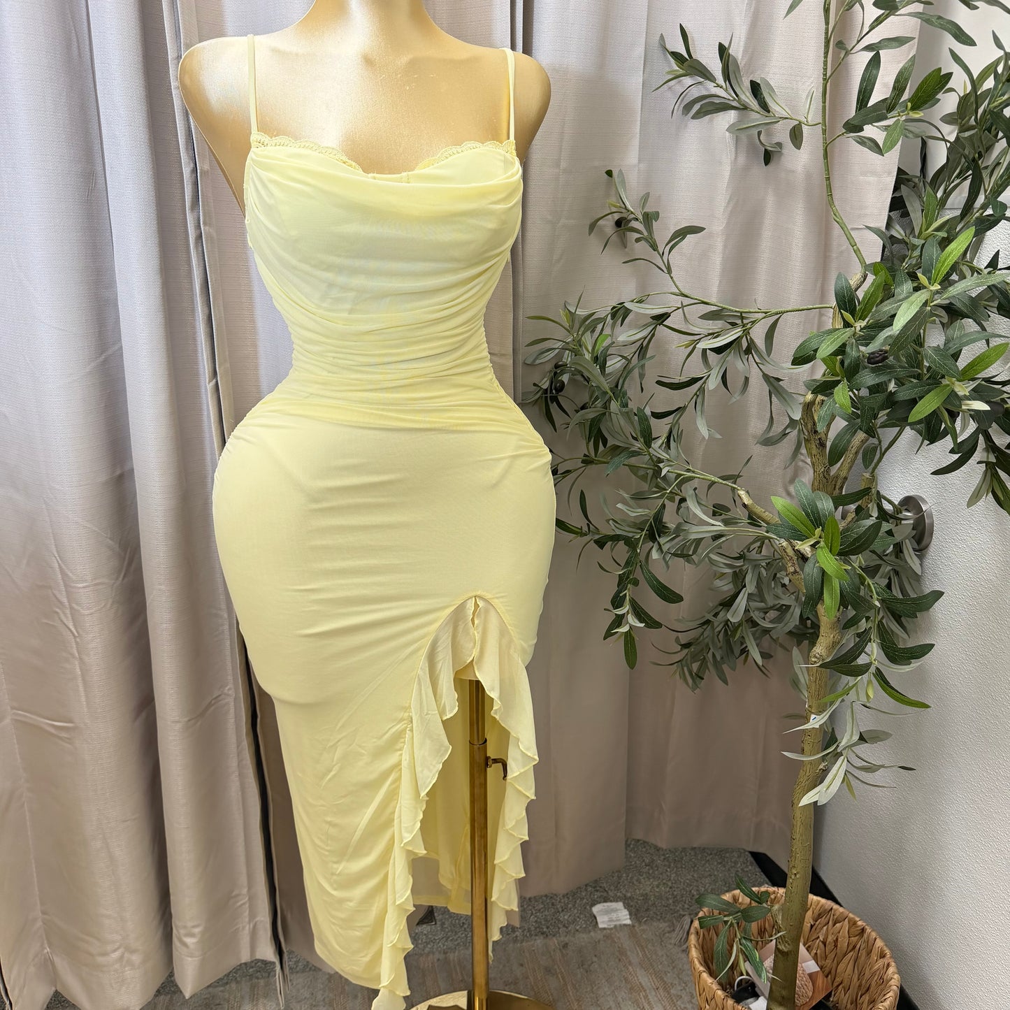 Mesh draped Slit Midi Dress-butter yellow