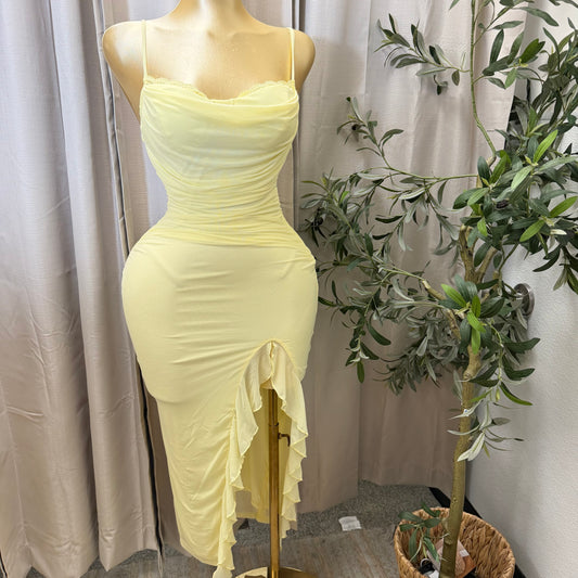 Mesh draped Slit Midi Dress-butter yellow