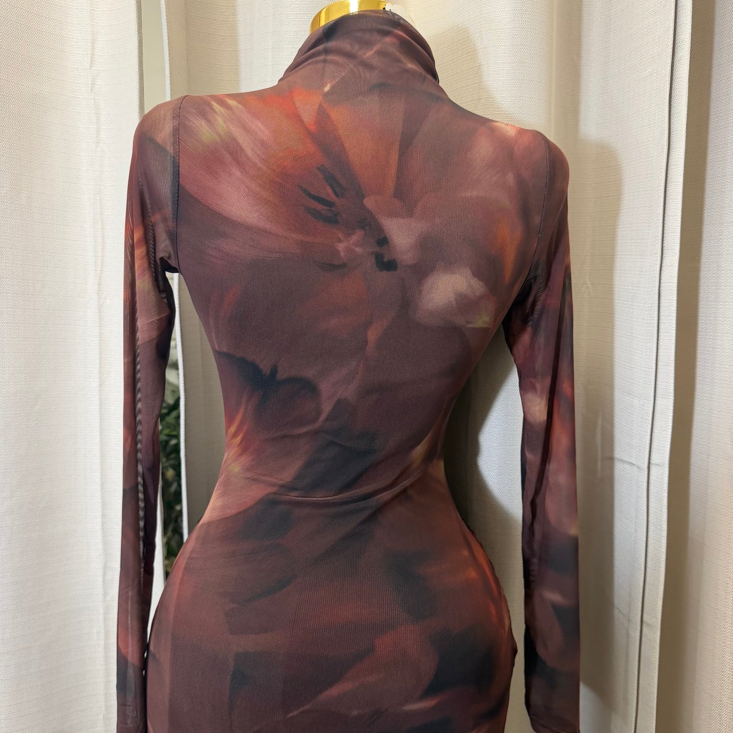 Long sleeve Front Sash Midi Dress-Multi Colored