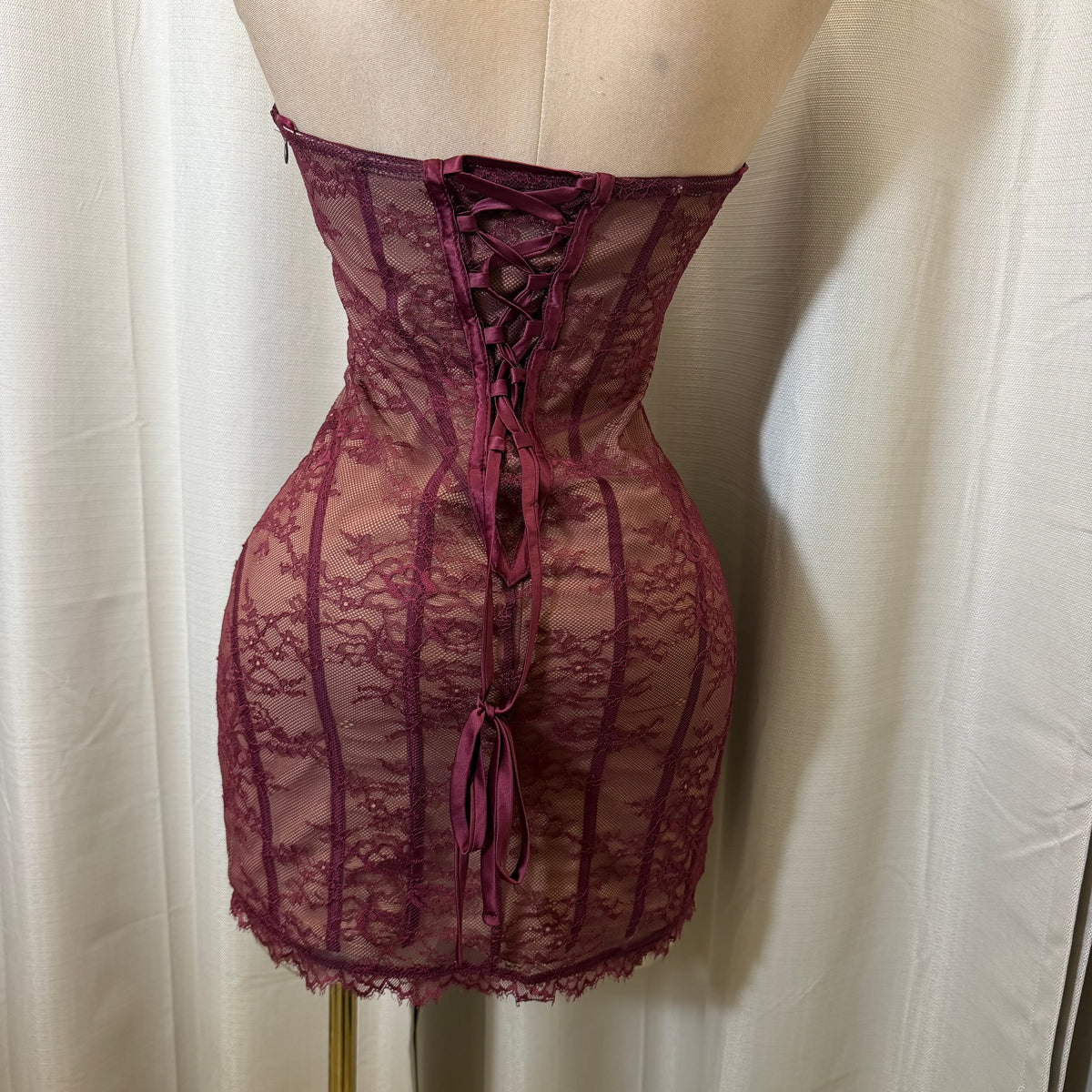 Lace with Strapping Detail Dress-Dark Cherry