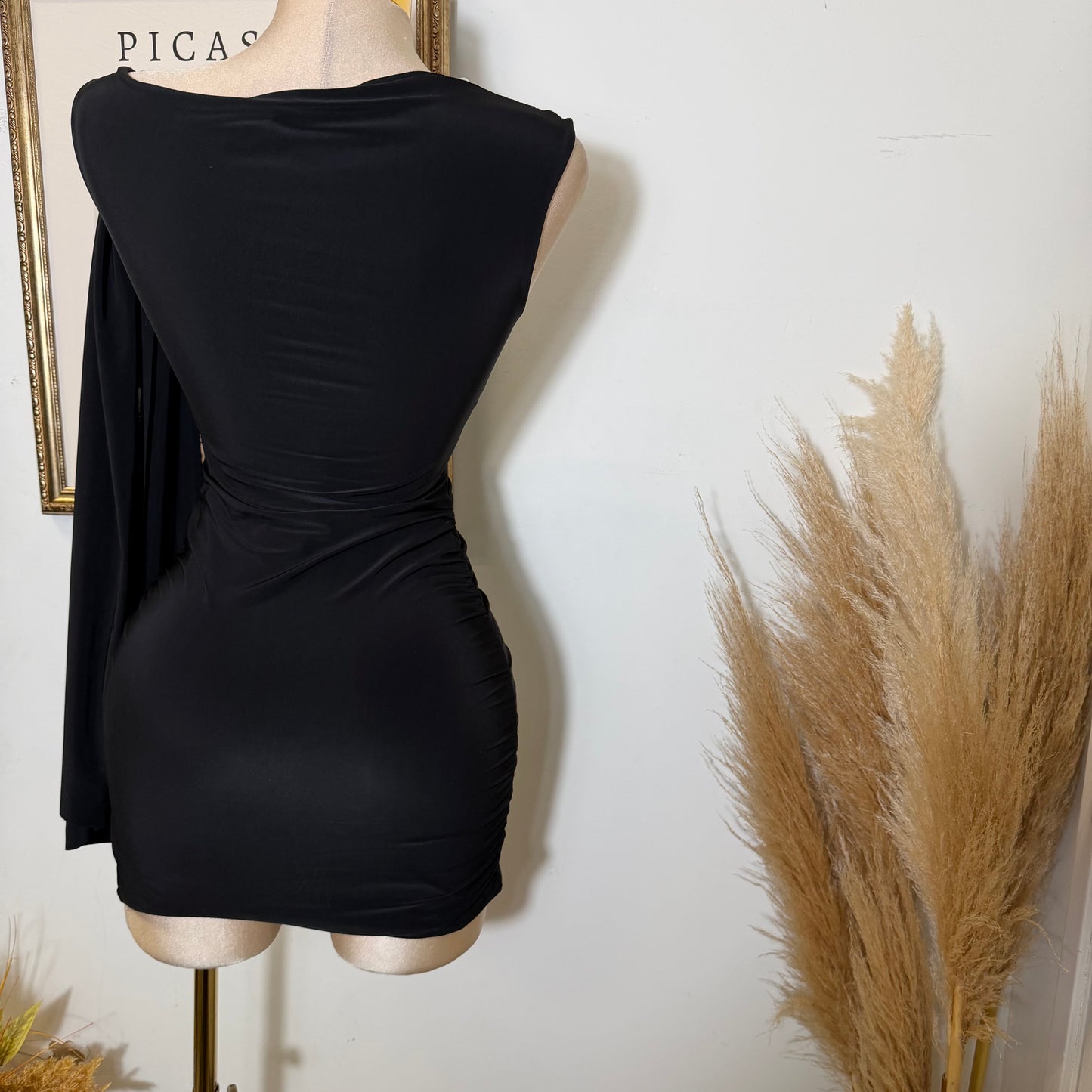 Off Shoulder Ruched Side Tie Mini Dress-Black