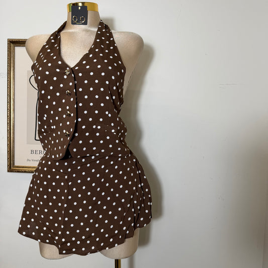 Polka Dot Halter skort Set-Mocha