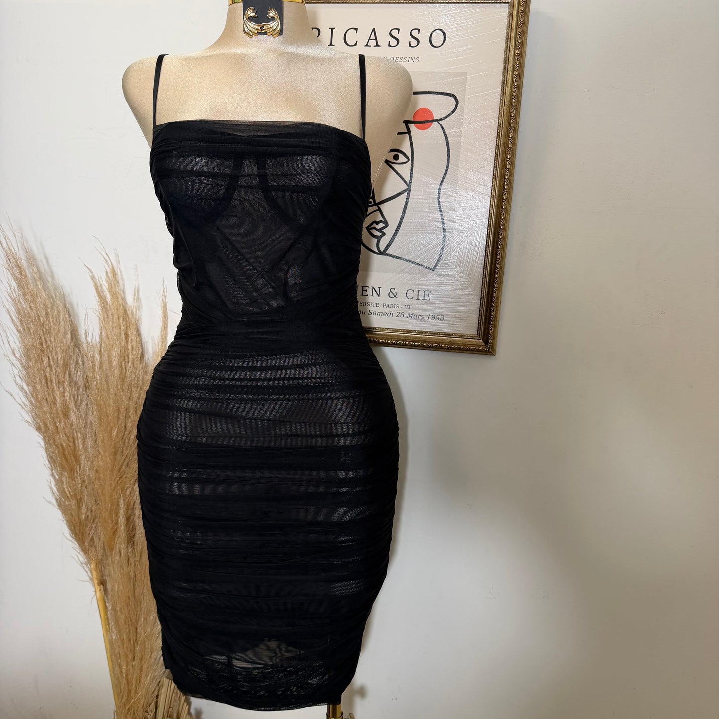 Ruched Mesh Bodycon Midi Dress-Black
