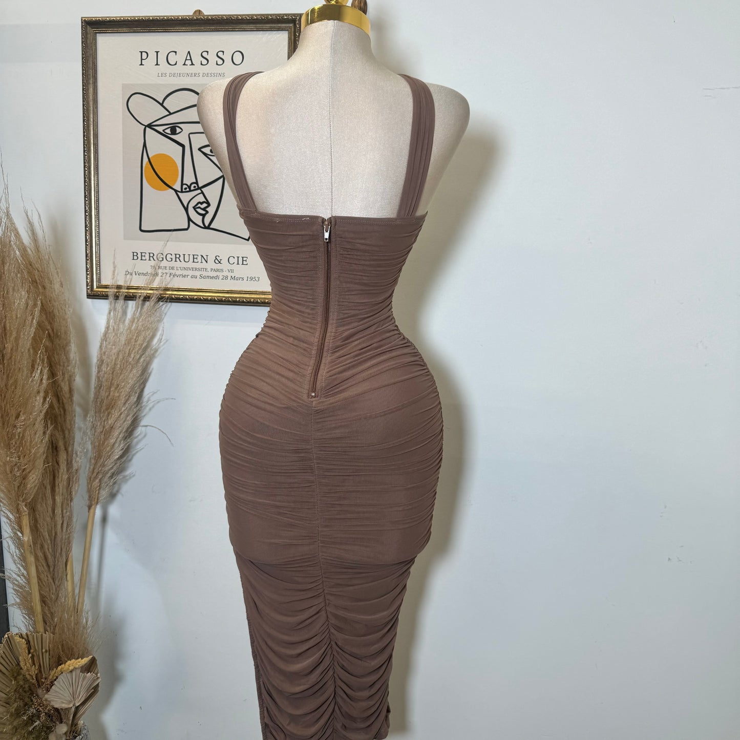 Inara Mesh Twist Halter Neck Midi Dress-Brown