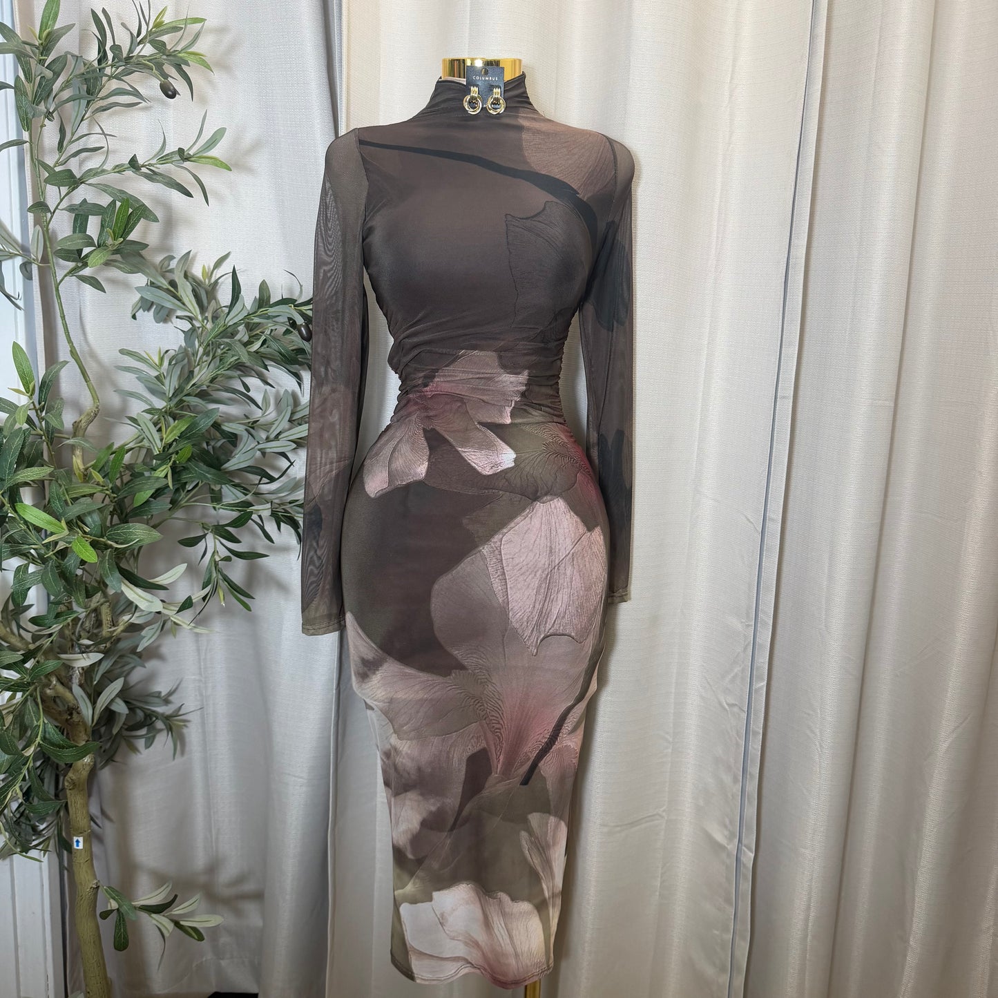 Big Flower Mesh Long sleeve Midi Dress-Olive combo