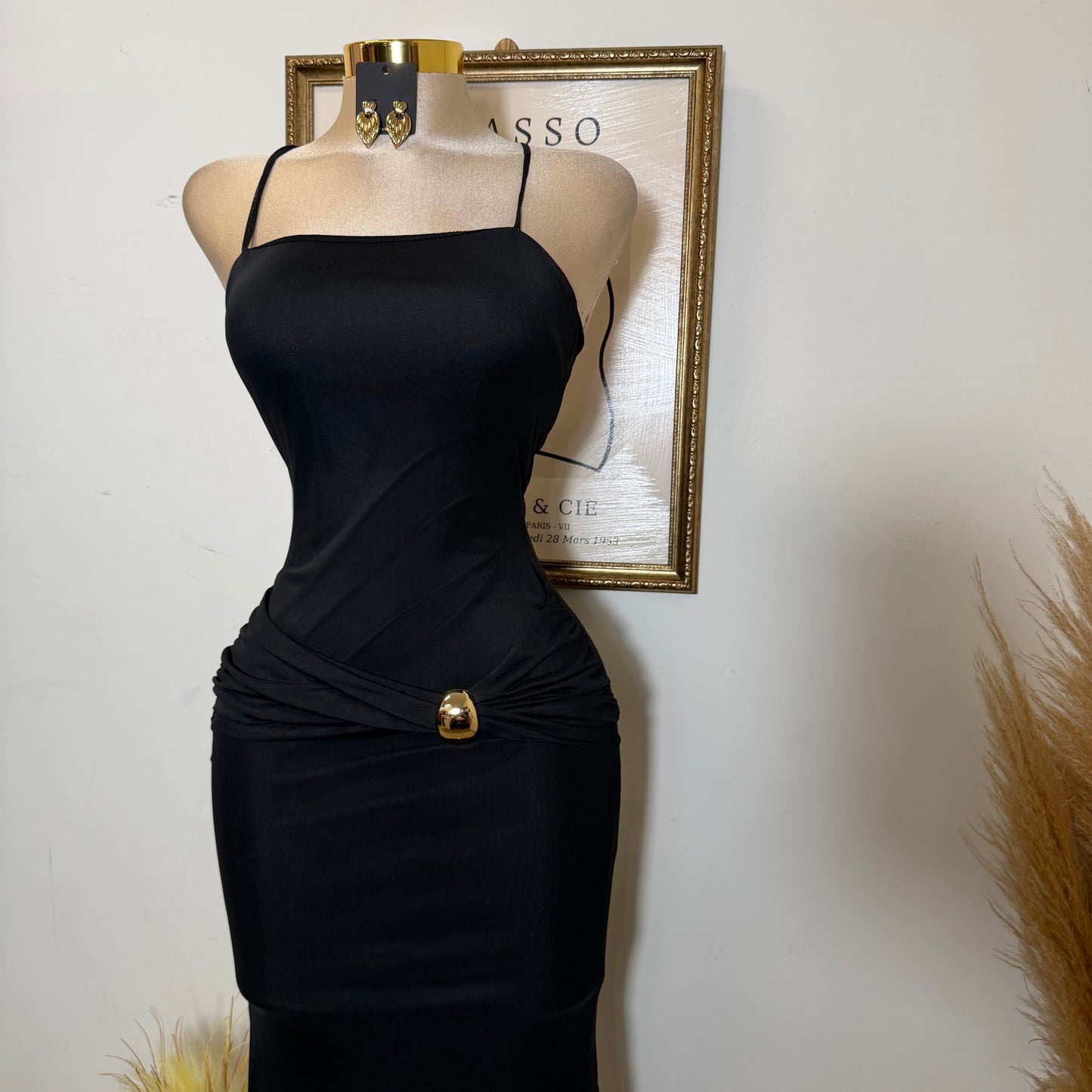 Solid Mesh Back Criss Cross Maxi Dress-Black