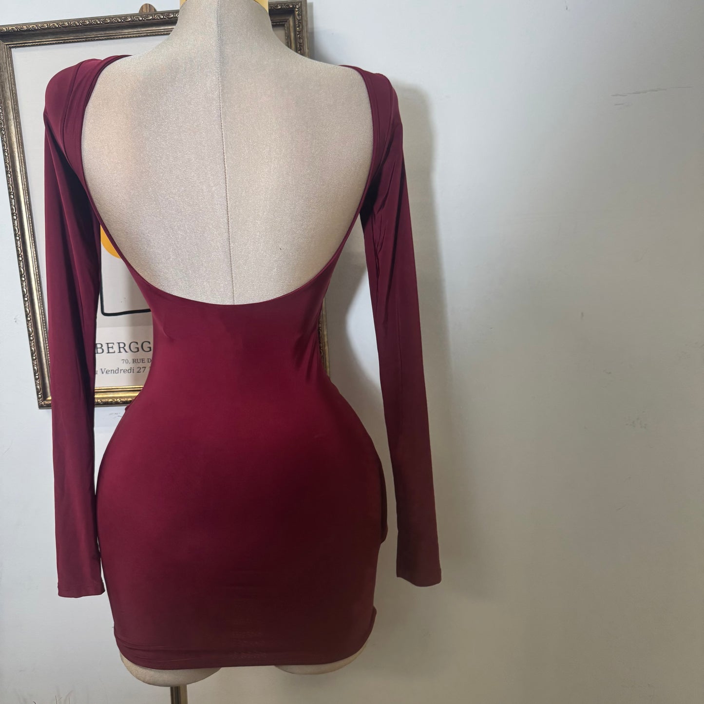 Long sleeve Drape Mini Dress-Burgundy