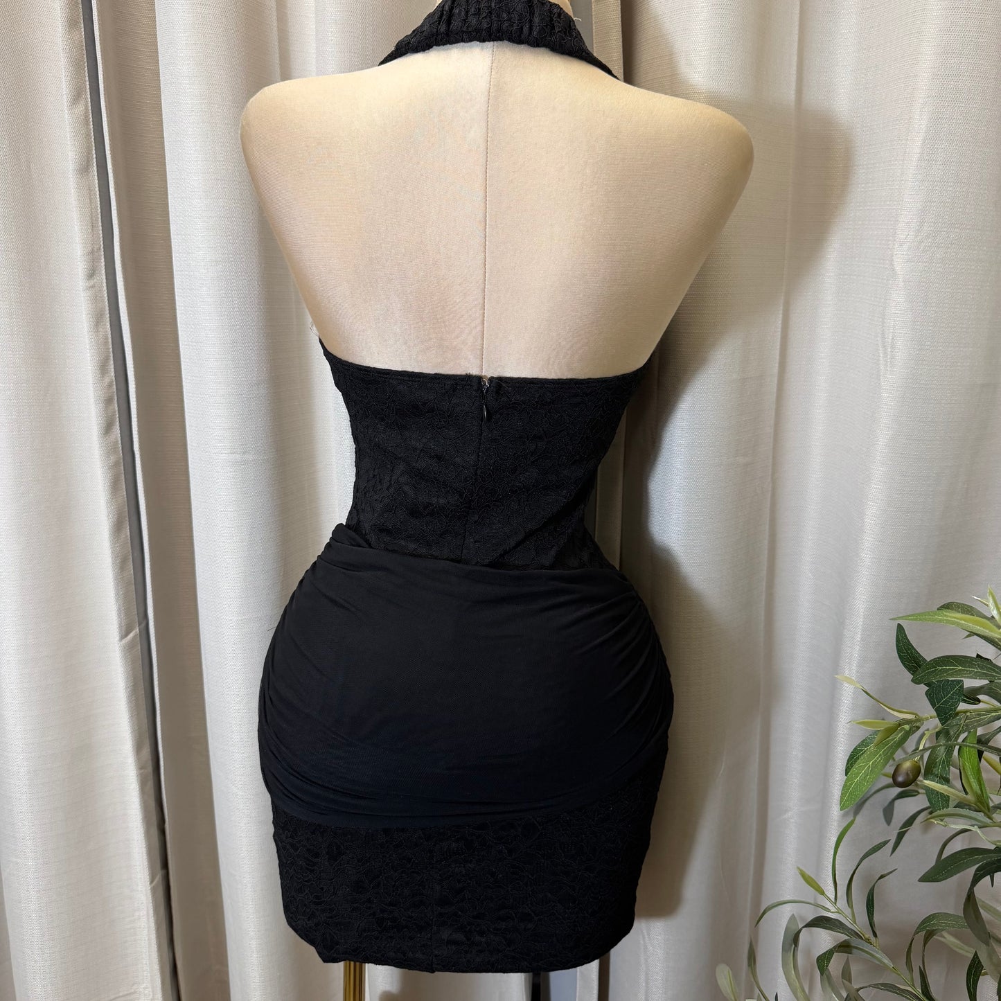 Halter Lace Gold Detail Mini Dress-Black