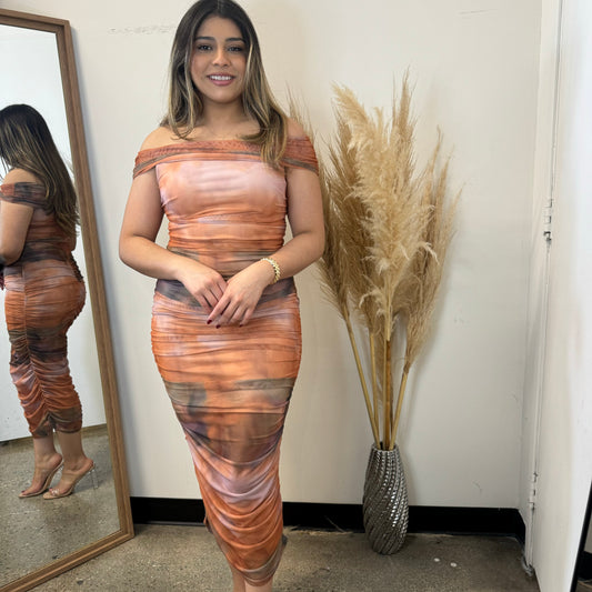 Off Shoulder Mesh Midi Dress-Multi Color