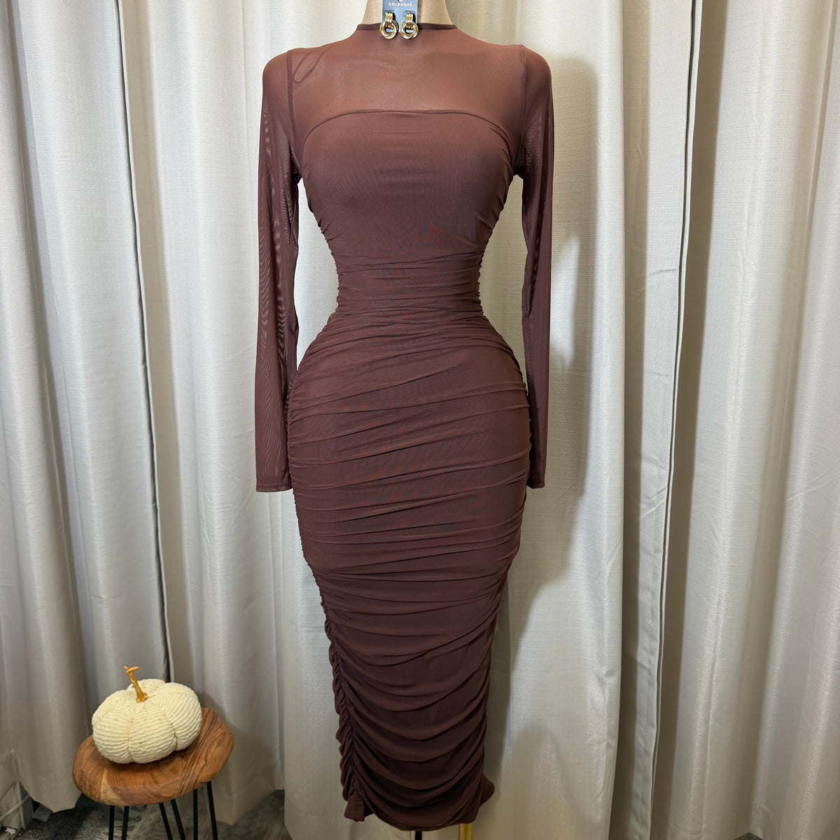 Round Neck Long Sleeve Ruching Midi Dress-Chocolate