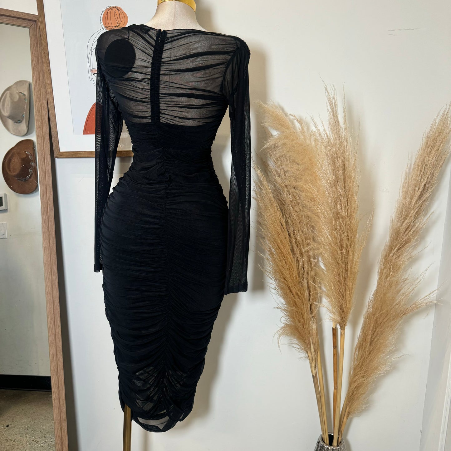 Long Sleeve Mesh Surplus Front Ruched Midi Dress-Black