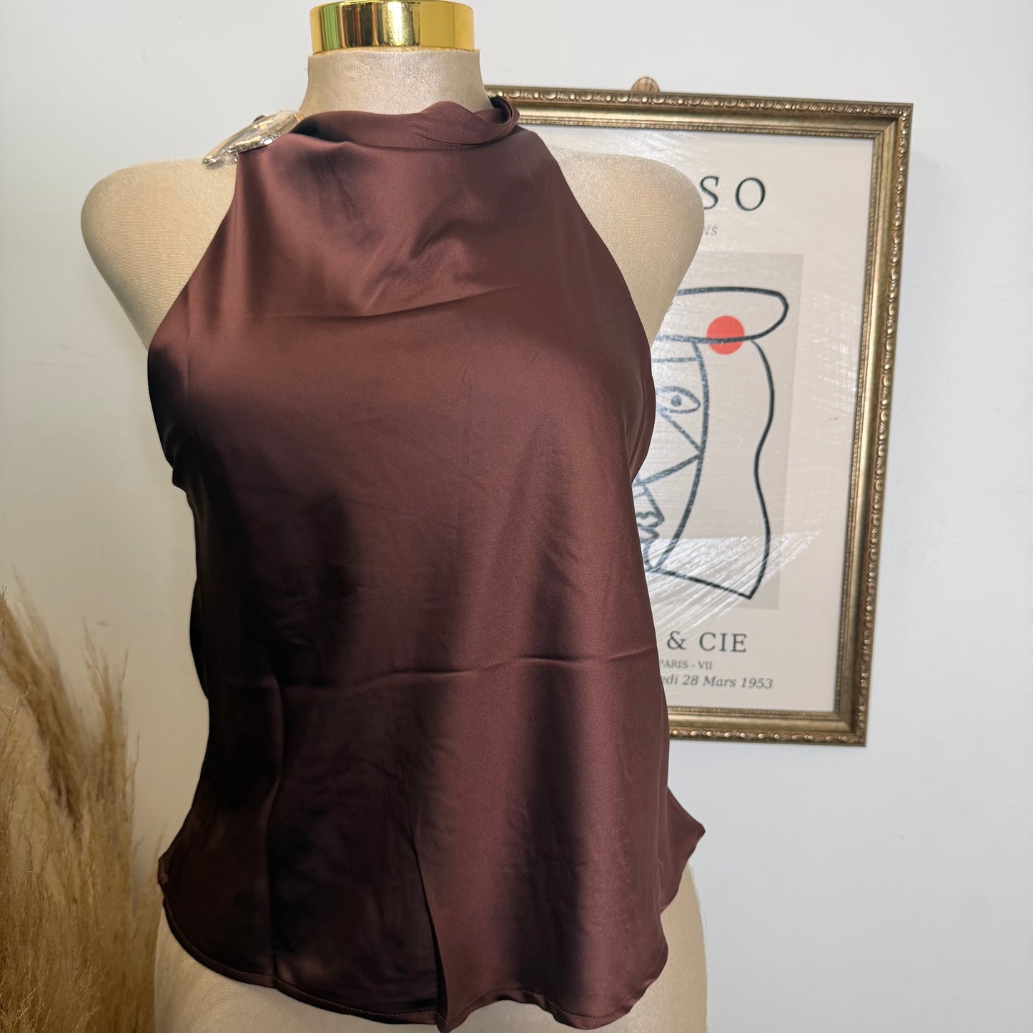 Halter Neck Satin Blouse-Brown