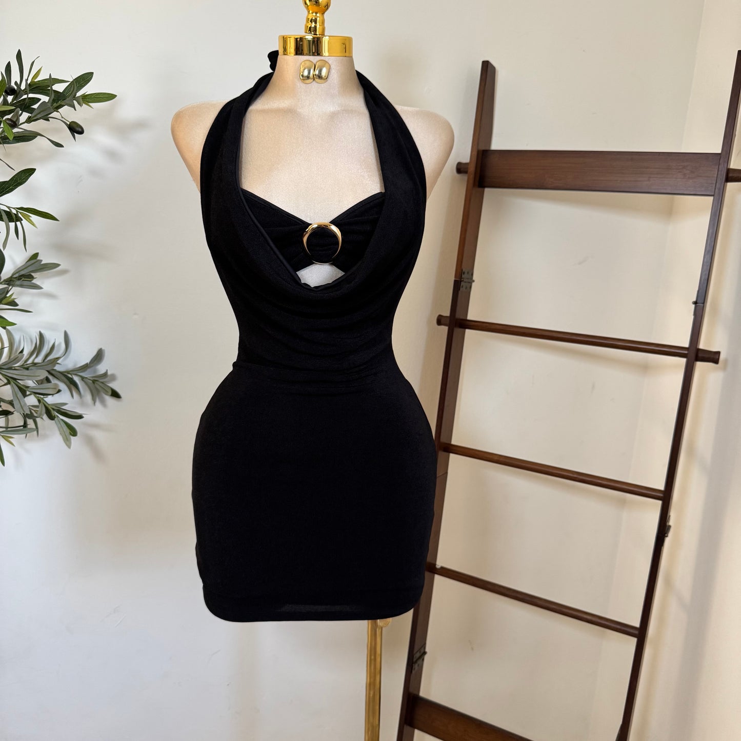 Cowl Halter Dress  -Black
